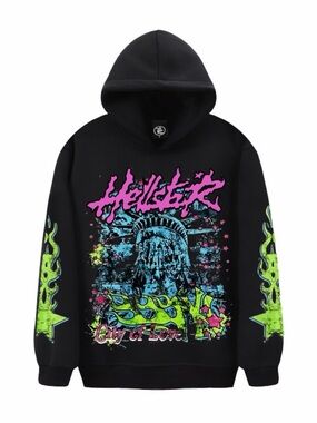 Black Crewneck Hoodie with Neon Graphic Print